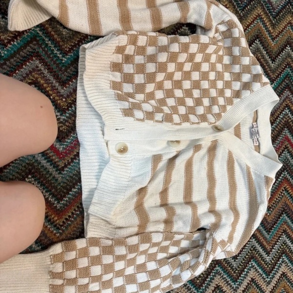 Sincerely Jules Cream and Tan Checker Stripe Button Cardigan